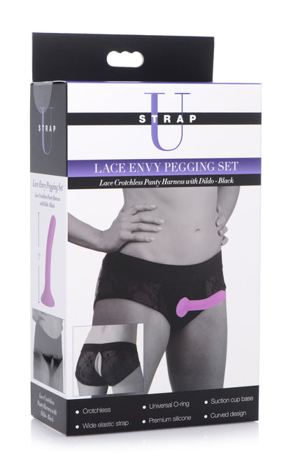 Lace Envy Black Pegging Set With Lace Crotchless Panty Harness And Dildo - L-xl